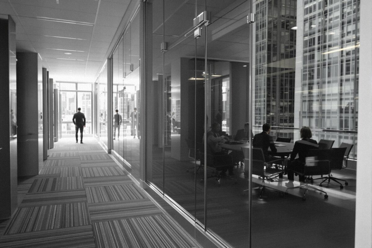 Glass-walled boardroom meeting in a high-rise professional services office