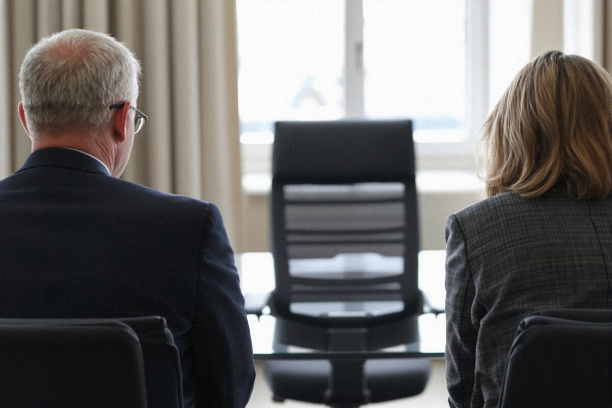 Two interviewers, a man and a woman, facing an empty candidate chair